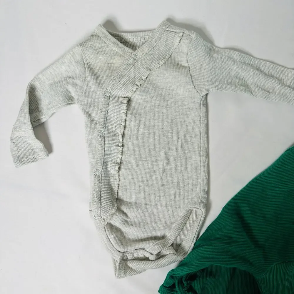 Mother's Promise Bundle of 2 Green & Gray Long Sleeve Ruffle Bodysuit Sz 3-6 mo